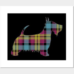 Pink, Blue and Yellow Tartan Scottish Terrier Dog Silhouette Posters and Art